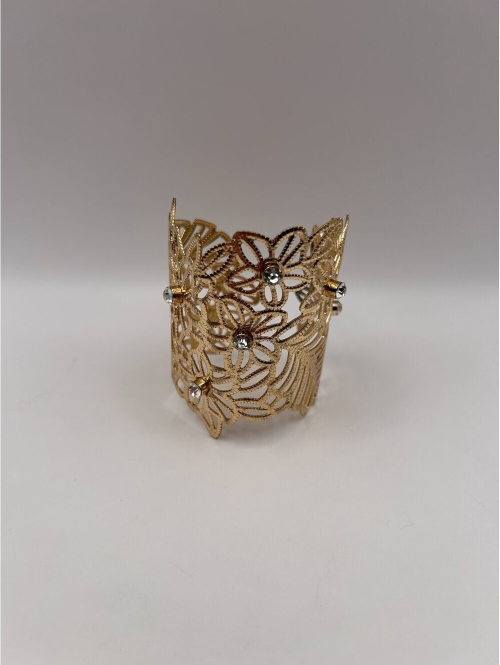 Vintage Tone Filigree Floral Wide Cuff Bracelet Clear Rhinestone Accents